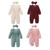 Infant Baby Girls Long-sleeved Ruffled Jumpsuit Solid Color Bow Bodysuit with Headband