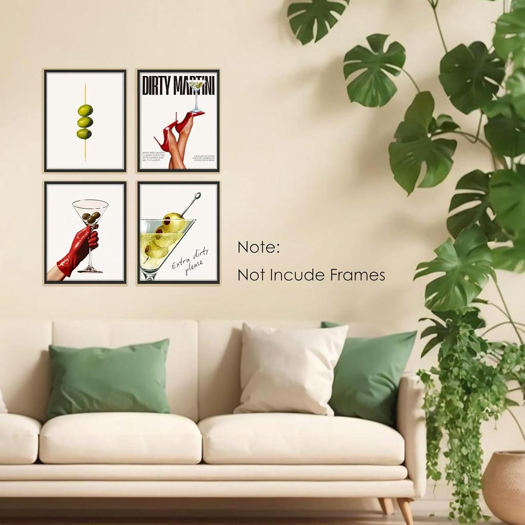 BESERH Dirty Martini Gifts Wall Decor, Trendy Cocktail Wall Art Prints, Funky Martini Cocktail Posters for Home Kitchen Par Pub Tavern Drunkery, 8x10
