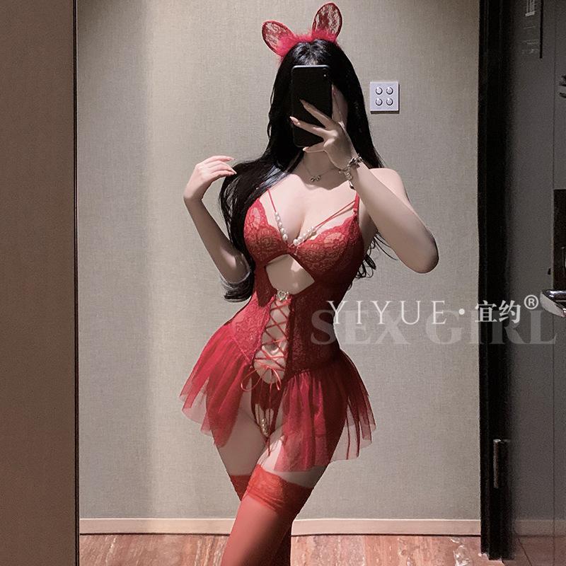 Original Erotic Underwear, Lace Seductive Jumpsuit, Feminine Charm, beaded Tie, See-through Pure Desire pajamas 1420