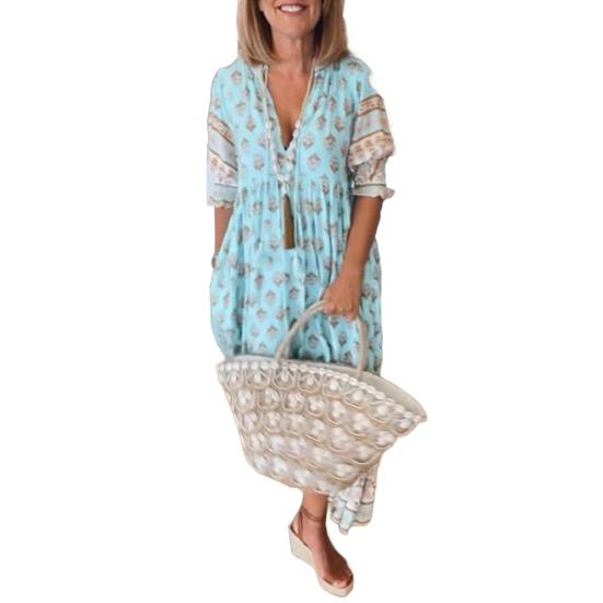 Yousheng Summer Spring Maxi Dress V Neck Bohemian Style Lantern Sleeves A-line Big Swing Pleated High Waist Printing Dress