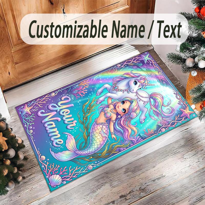 Unicorn Theme Crystal Velvet Floor Rug Personalized Custom Name Text Warm Carpet Home Decoration