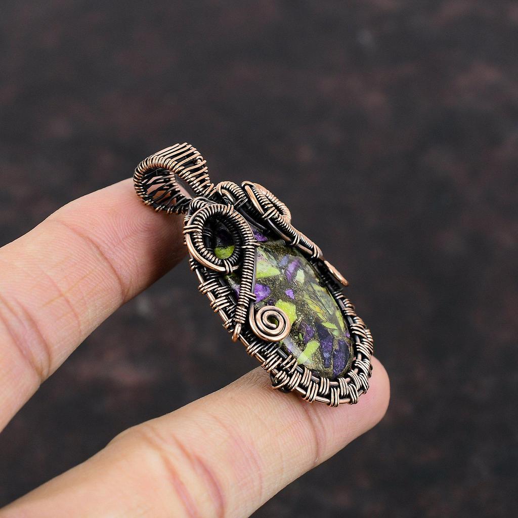 Медный кулон-стихтит, кулон из медной проволоки, изысканные ювелирные изделия, кулон с драгоценным камнем, медные украшения ручной работы, подарок для нее, ювелирные изделия из проволочной обмотки