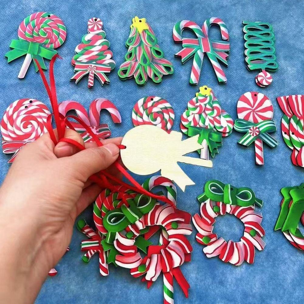 16Pcs Wooden Christmas Tree Lollipop Ornaments Colorful Christmas Hanging Decorations Home Decor