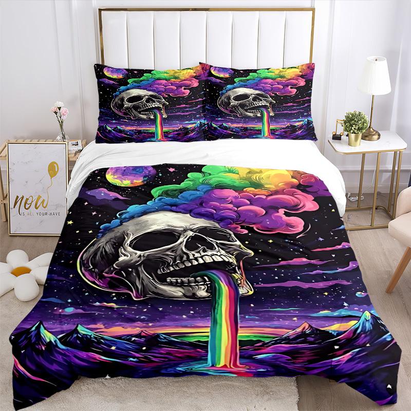 3pcs bedding set Skull Rainbow Includes 1 Comforter + 2 Pillowcases, Without Pillow Inserts, Soft Comfortable,a0909126