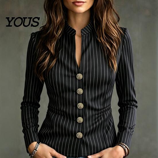 Anti Wrinkle Formal Blazer Women Stand Collar Striped Blazer, Slim Fit Single-Breasted Casual Jacket Blouse Top, Office Business Outerwear Top