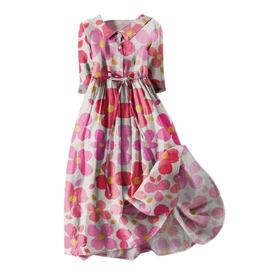 Женское летнее платье с отложным воротником и цветочным принтом, с короткими рукавами, плиссированное трапециевидное платье с высокой талией и большим подолом, однобортное платье миди для отдыха