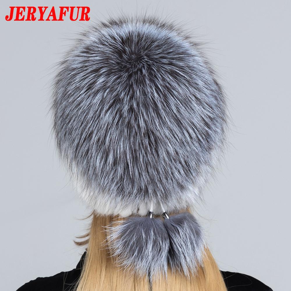 JERYAFUR Женская зимняя меховая шапка из натурального меха, вязаная меховая шапка с помпоном из норки и лисы с шариками, стильная теплая модная шапка для девочек, шапка