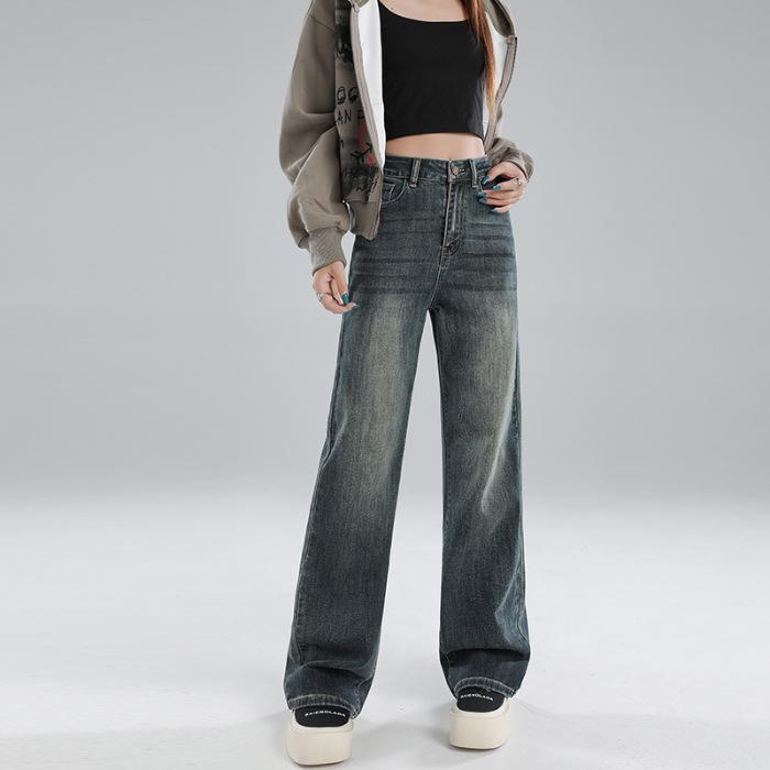 Fleece thickened elastic narrow version straight jeans women's high waist loose and thin floor pants wide leg pants