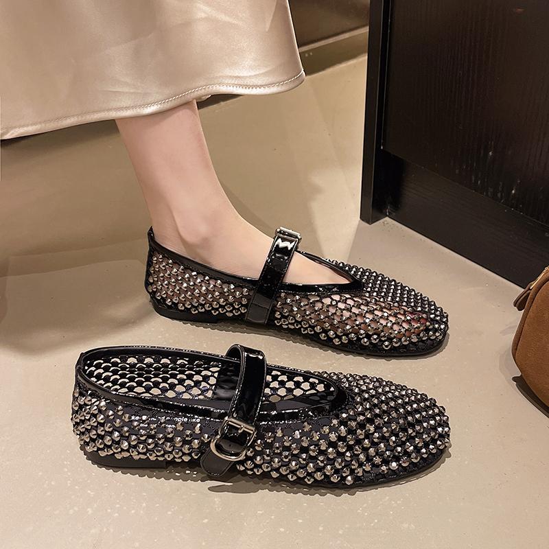 Fashion Luxury Crystal Rhinestone Fishnet Ballet Flats Woman Brand Design Rivet Mesh Mary Jane Shoes Ladies Summer Loafers Plus Size 40