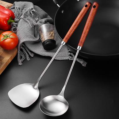 Кухонная утварь из нержавеющей стали с деревянной ручкой, бытовые суповые ложки, лопатки для жарки, набор из четырех предметов, ложка с прорезями с длинной ручкой