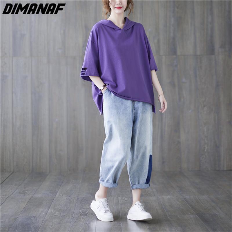DIMANAF 2023 летние женские футболки больших размеров, однотонные топы с принтом, футболки-туники, свободная хлопковая рубашка оверсайз, повседневная фиолетовая одежда