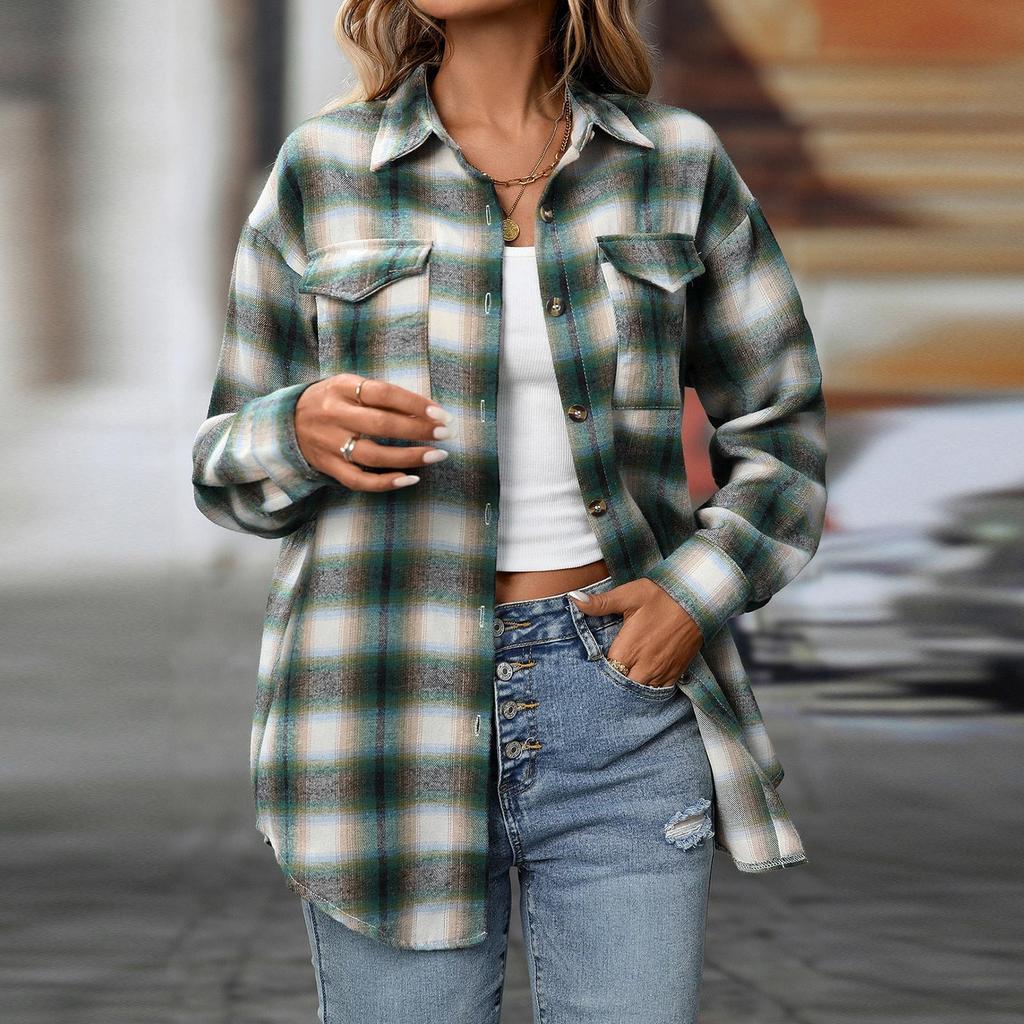 Женская повседневная модная свободная клетчатая рубашка с карманом, топы с длинным рукавом