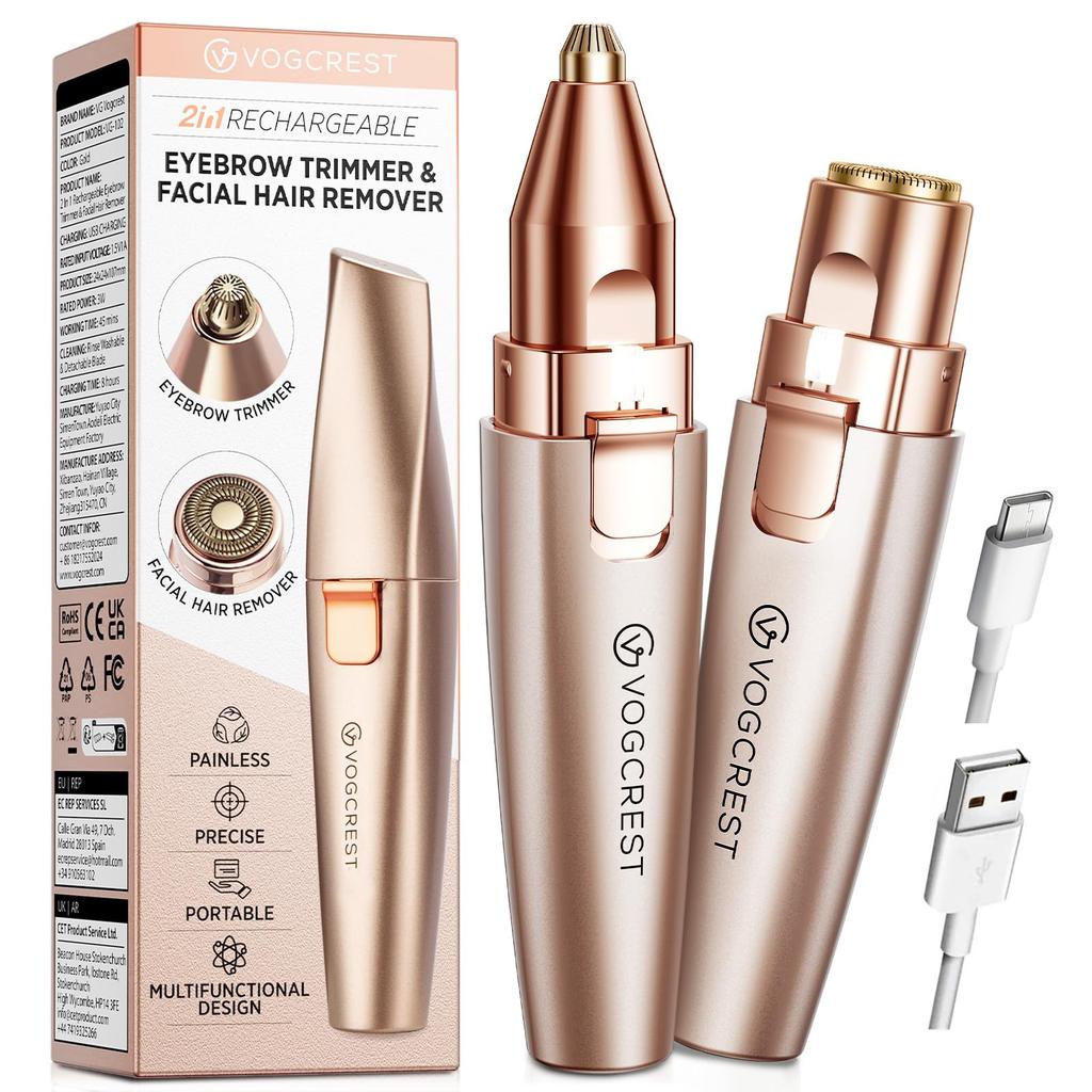 VG VOGCREST Eyebrow Facial Rechargeable Facial Hair Removal Eyebrow Shaver Painless Facial Razor with LED Rose Gold Trimmer 2-in-1 & - Built-in