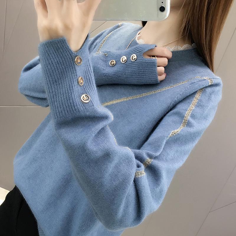 Pofulove Women Lace Round Neck Button Long Sleeve Sweater Slim Warm Pullover Undershirt Sweatshirts