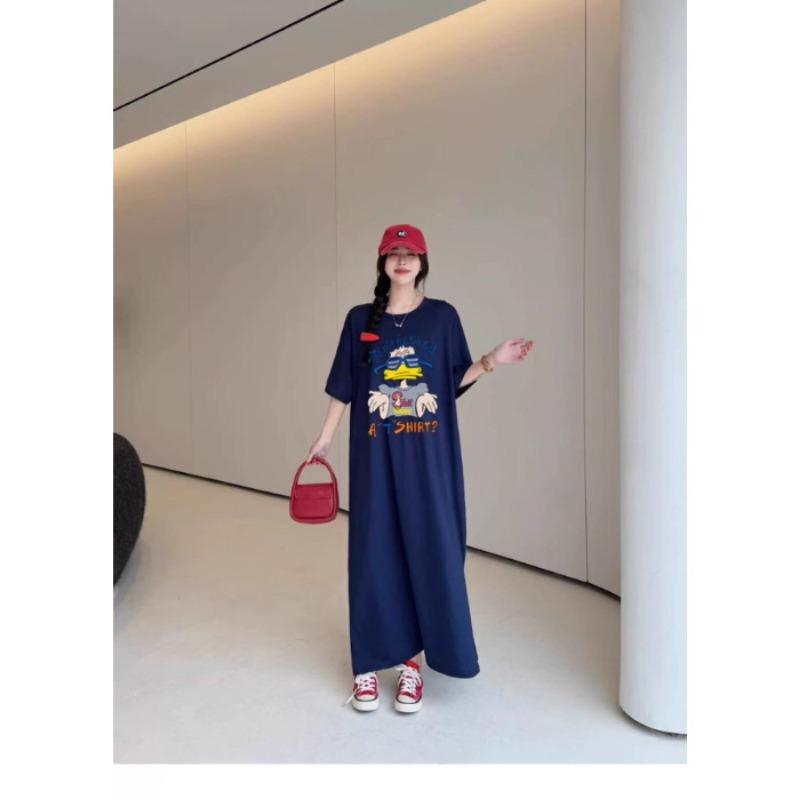 Летнее платье-футболка Lazy с круглым вырезом, свободное, большого размера, темпераментное, утягивающее женское платье