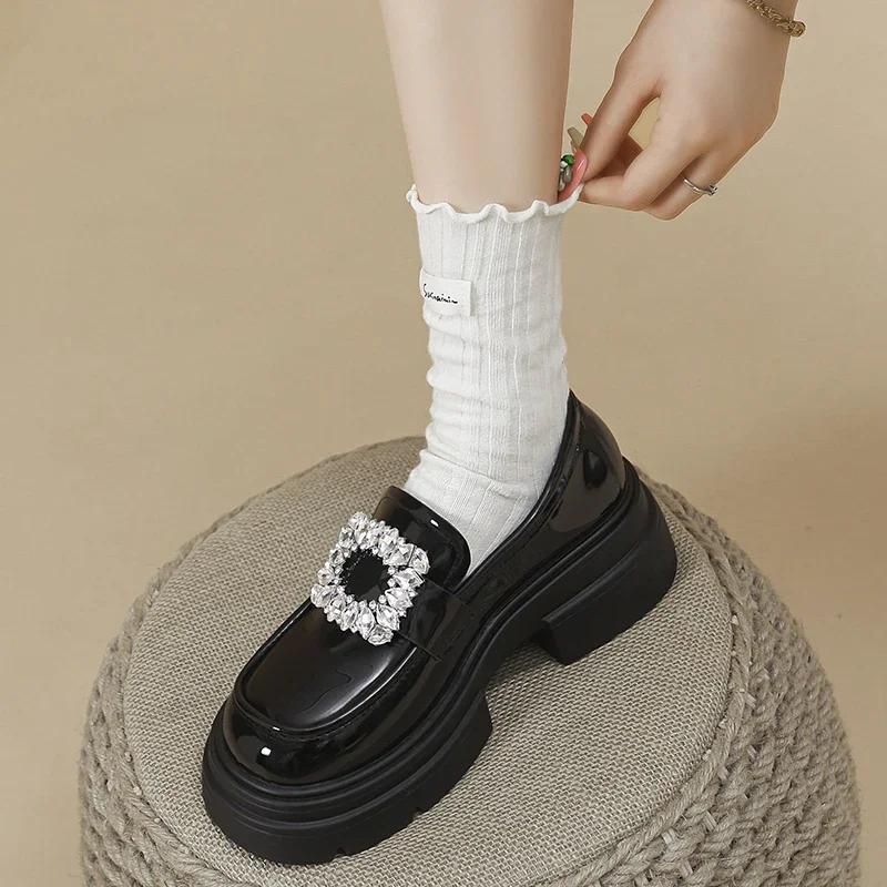 2024 Новые женские туфли-лодочки на толстой подошве, однотонные, со стразами, с квадратной пряжкой, весна-осень, женские туфли без застежек