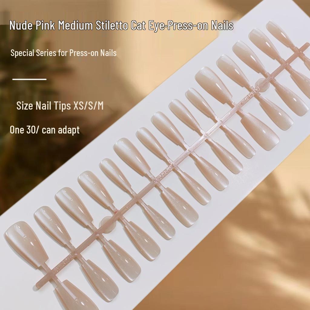 Nude Pink Medium Cat Eye Crystal Nail Patches - Versatile Wearable Fake Nails with Super Flash Finish.