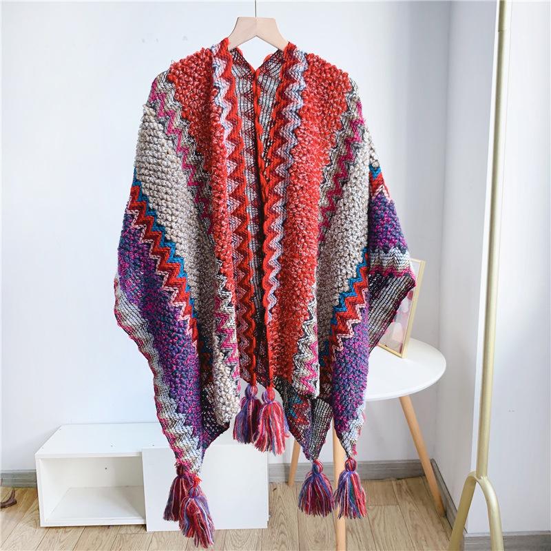 Ethnic Style Knitted Poncho Cape Vintage Bohemian Tassel Cloak Warm Shawl Travel Coat Cardigan Sweater