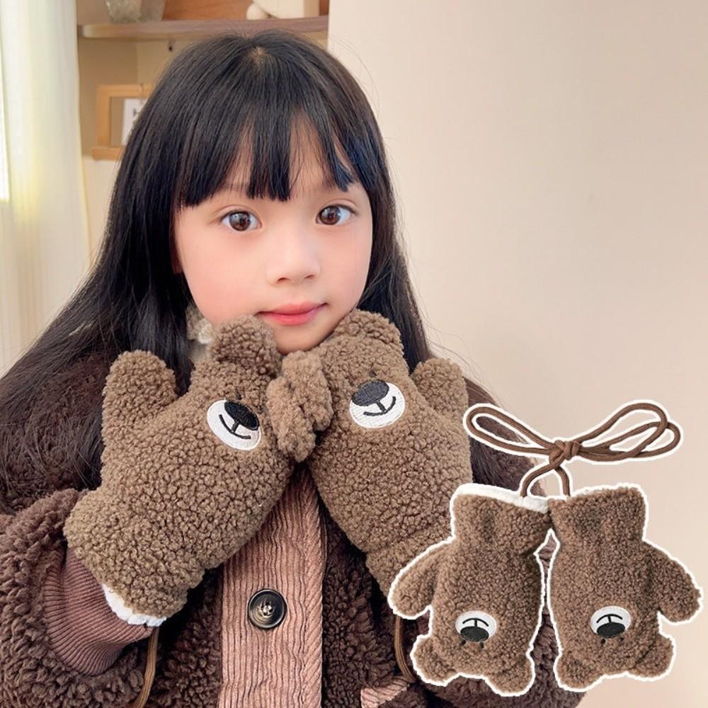 Polyester Bear Plush Mittens Neck Strap Childrens Mittens with Strap For Children 3-8 Years