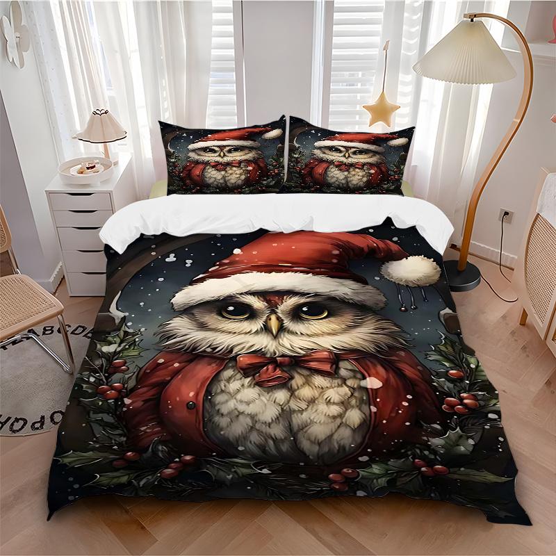 3pcs Christmas Owl Comforter Set with 1 Quilt Cover & 2 Pillowcases (No Core) - Festive Gift for Bedroom Decor, Anime Cartoon Design, Polyester Fabric