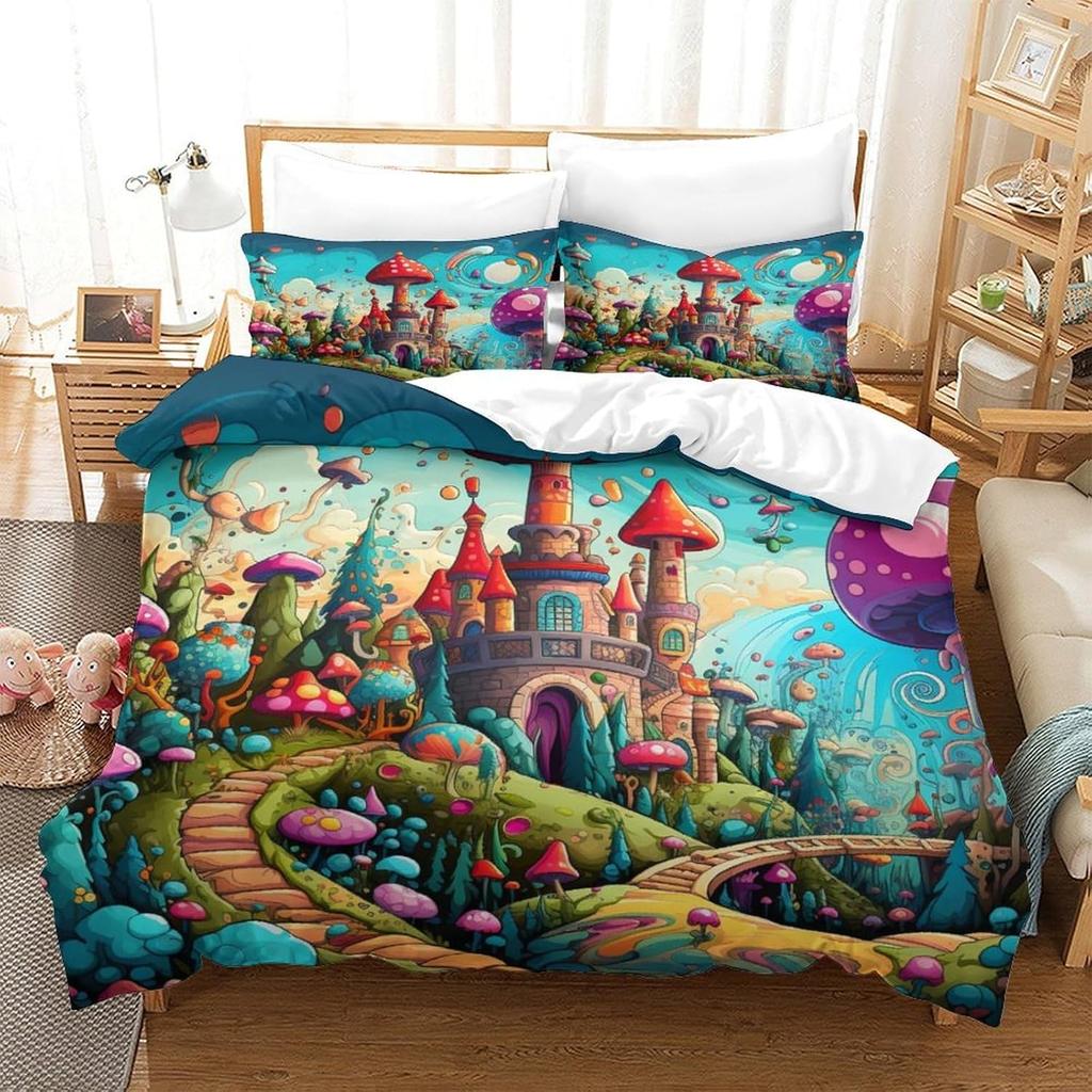 Mushroom Fairy Tale Forest 3D Duvet Cover,Fantasy Cabin Bedding Set Soft Microfiber Quilt Cover 2pcs,Comforter Cover with Zipper