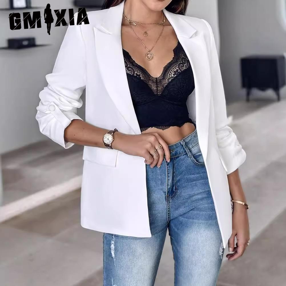GMXIA Autumn Winter Long Sleeve Solid Color Cardigan Suit Jacket Women Jackets & Coats