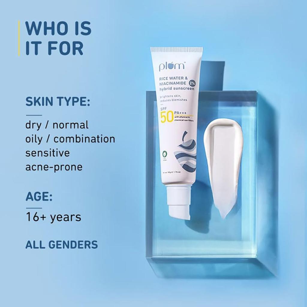 Plum 2% ниацинамидный солнцезащитный крем SPF 50 PA+++ с рисовой водой | Защита от UVA/UVB | Прошел дерматологические испытания |50 г