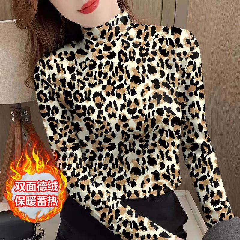 Зимняя бархатная базовая рубашка женская теплая с полувысоким воротником и длинным рукавом модная ретро футболка с леопардовым принтом