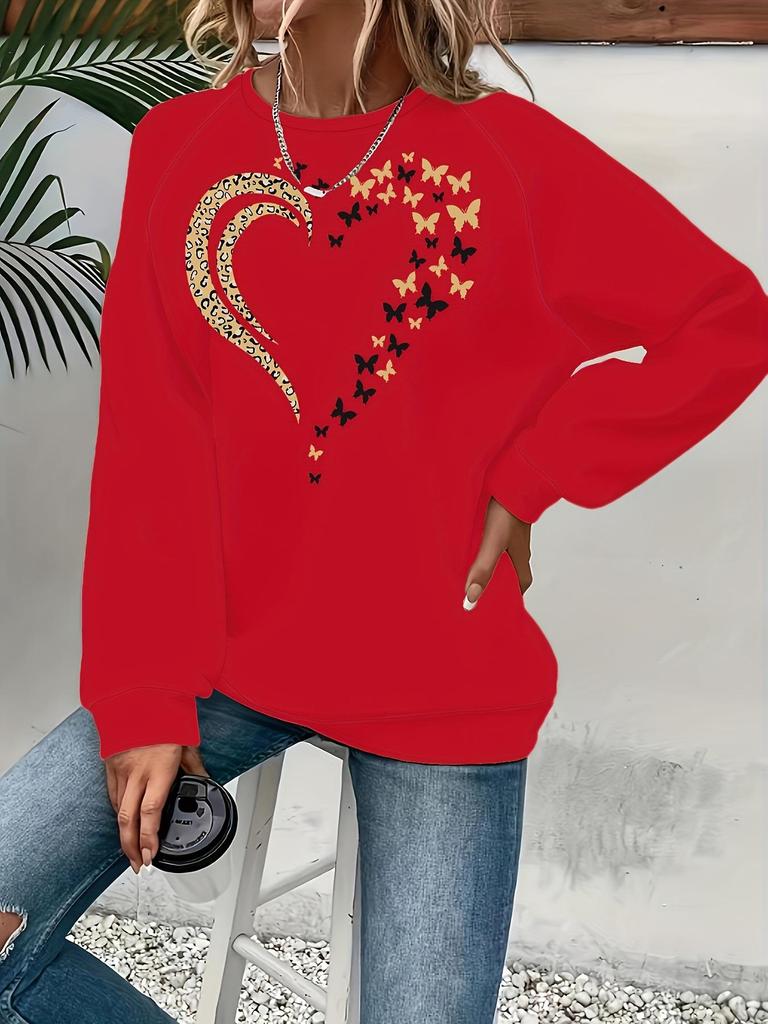 Женская толстовка с принтом «Сердце и Бабочка» - Многоцветная, с круглым вырезом, с длинным рукавом, повседневный универсальный топ.