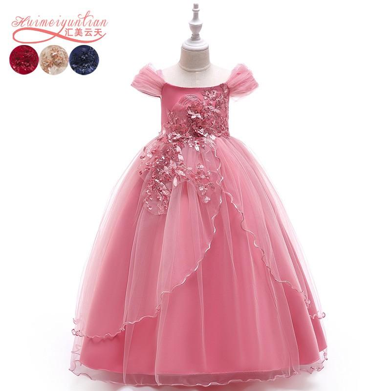 Girls Party Dress Kids Prom Gown Sling Off Shoulder Tulle Piano Performance Hostess Long