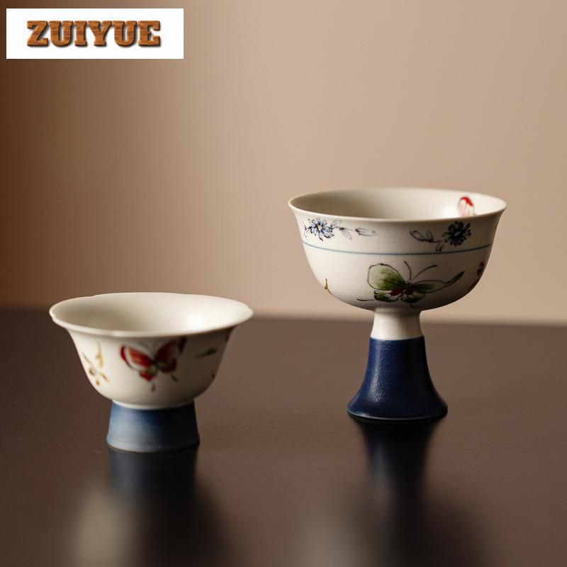 2pc/lot Hand Painted Butterfly High Foot Teacup Luxury Tea Bowl Jug Tea-tasting Smelling Cup Jianzhan Master Cups Tea Set 60ml