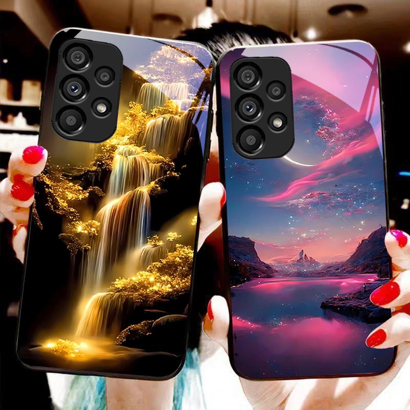 Цветная Аврора для Samsung Galaxy S 8 9 10 20 Plus 21 FE 22 23 24 Ultra S7 Edge Черный Чехол для телефона из закаленного стекла Жесткий чехол