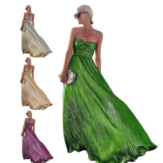 Women Evening Off Shoulder Backless Sleeveless Bronzing Bandeau Out High Waist Pleated Prom Party Banquet Maxi