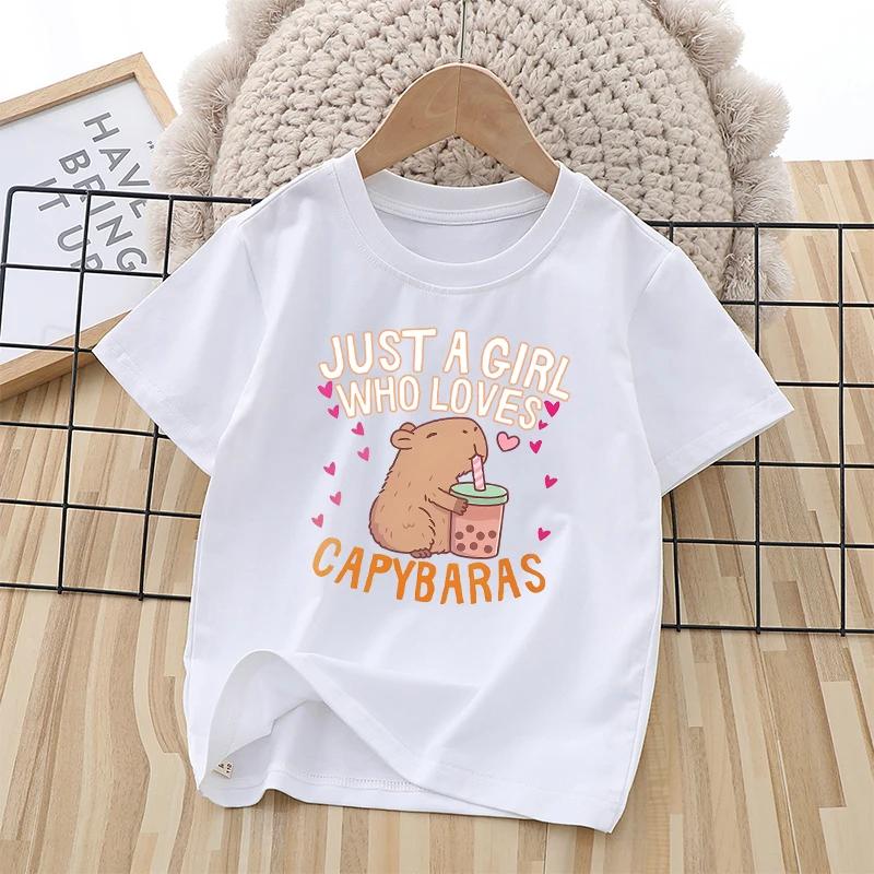 Capybara Child Short Sleeve T-shirt Girls Cartoon Capybara Letters A-Z Cotton Tops Kawaii Summer Casual Tees Kids Birthday Gifts