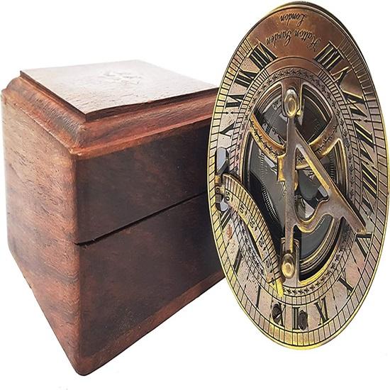 Антикварные латунные солнечные часы Компас Морская лодка Подарочный карманный солнечный циферблат в коробке Морской морской подарок Солнечные часы Пиратский корабль Реплика часов