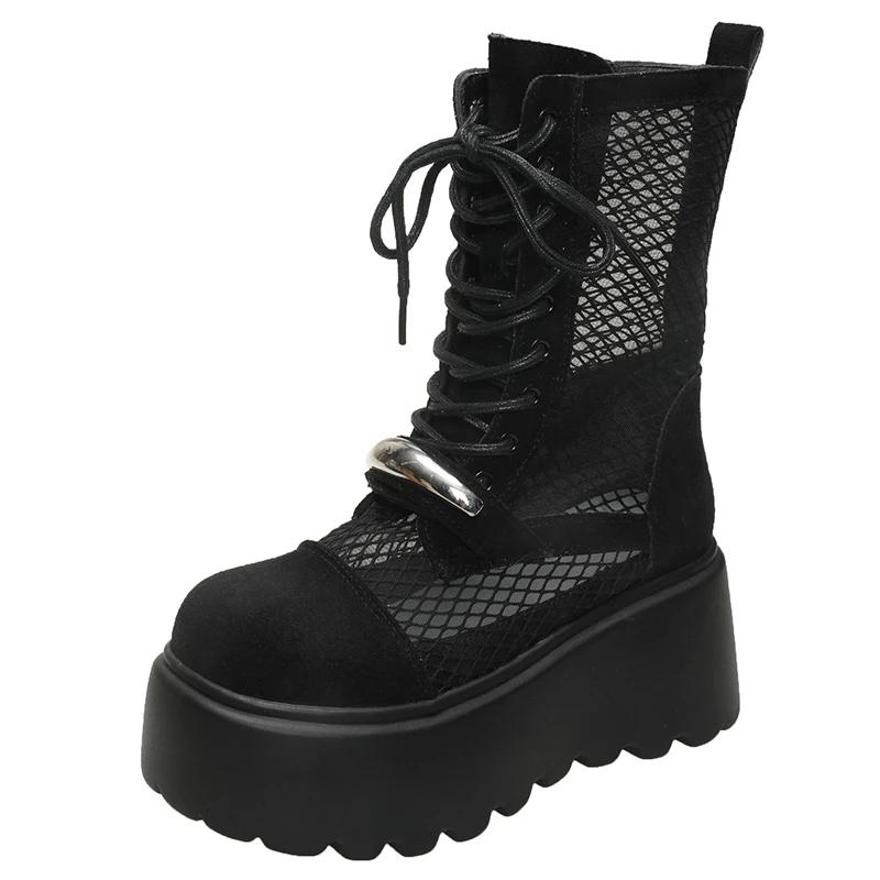 Модные 8-сантиметровые дизайнерские летние ботильоны на платформе для женщин, черные, белые, сетчатые, дышащие сандалии, повседневная обувь, женские ботильоны на толстой подошве