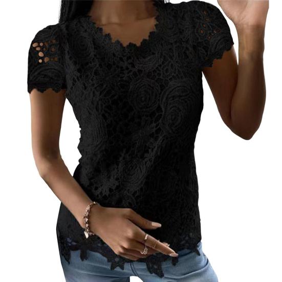 Женские топы с круглым вырезом, короткими рукавами, однотонная футболка с кружевными вставками, однотонные