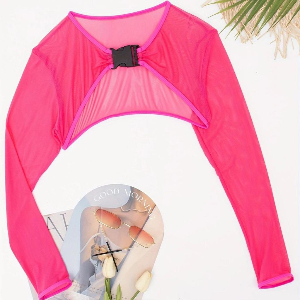 2025 Европейский и американский сетчатый сексуальный купальник женский с длинным рукавом накидка горячий источник пляжная одежда однотонный топ