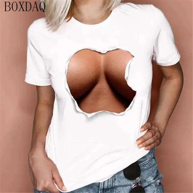 Женские летние крутые футболки, сексуальная перспектива, 3D-сиськи с принтом, женская футболка с короткими рукавами, летние уличные топы с круглым вырезом и узором груди