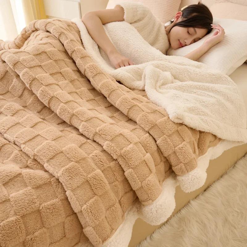 Fluffy Fleece Plaid Blanket Winter Thicken Blankets Duvet Cover Double Sided Sofa Bed Cover Soft Warm Throw Bedspread Bedroom