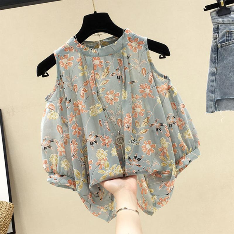 Chiffon Printed Off-the-shoulder Short Sleeve Top Ladies Plus Size Blouse for Women
