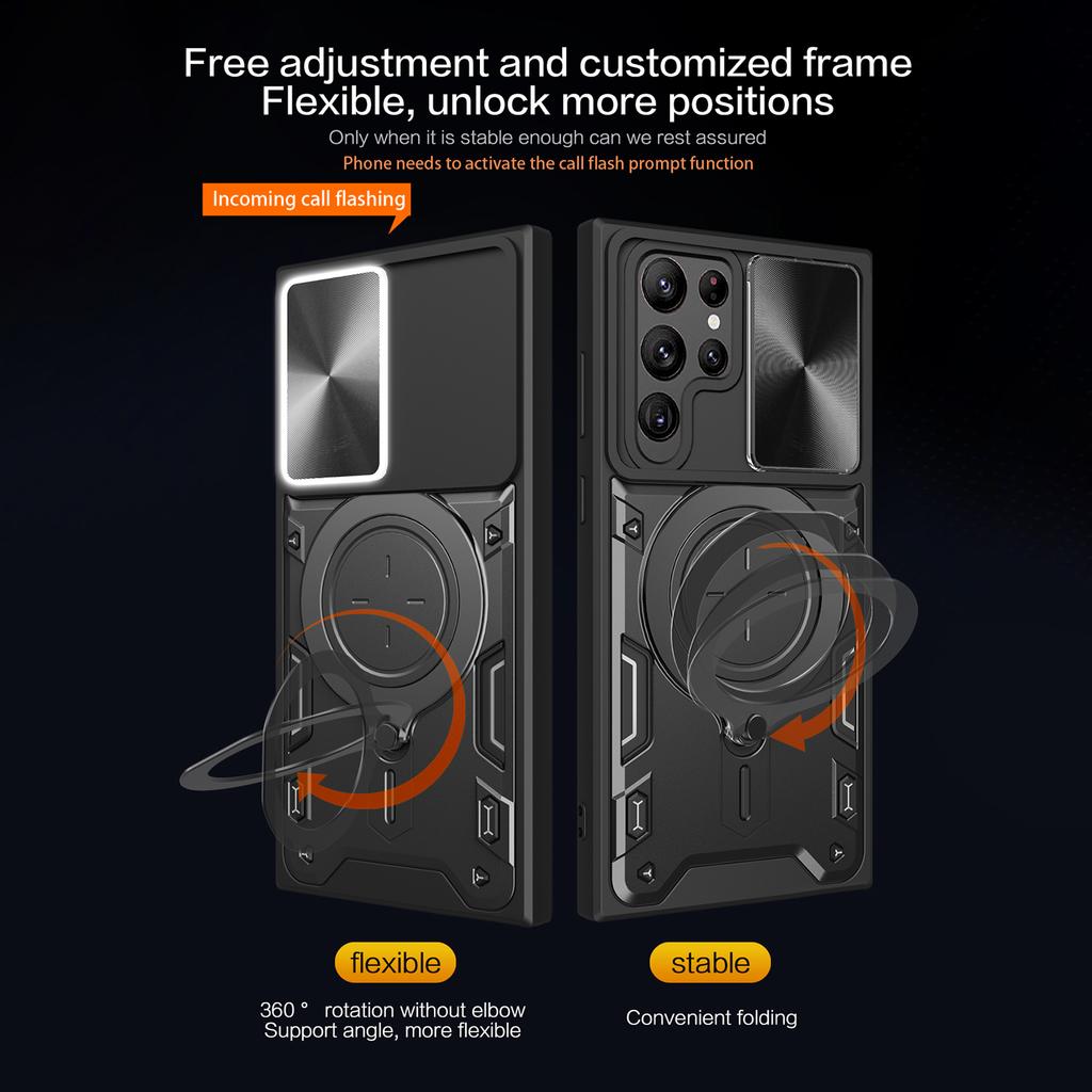 Для Samsung Galaxy S22 Ultra 5G Вращающаяся подставка Чехол для телефона Ударопрочная PC+TPU накладка со сдвижной крышкой камеры