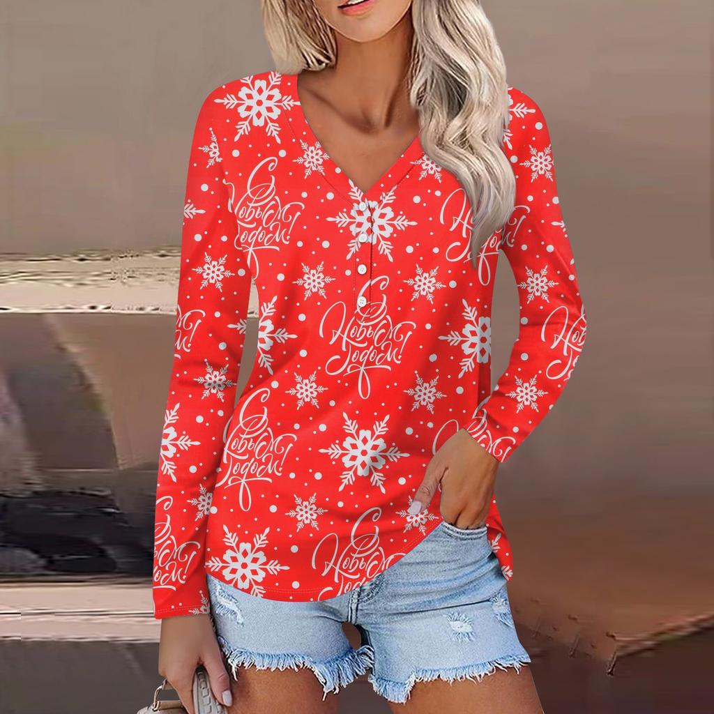 Women's Casual Fashion Sexy Comfort Christmas Printed V-Neck Button Long Sleeve