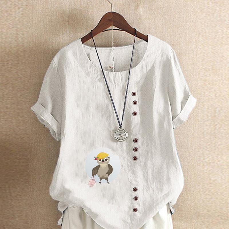 Women's Fashion Round Neck Short Sleeve T-shirt Casual Cotton Linen Graphic Shirt Leisure Loose Owl Prined Summer Blouse Tops