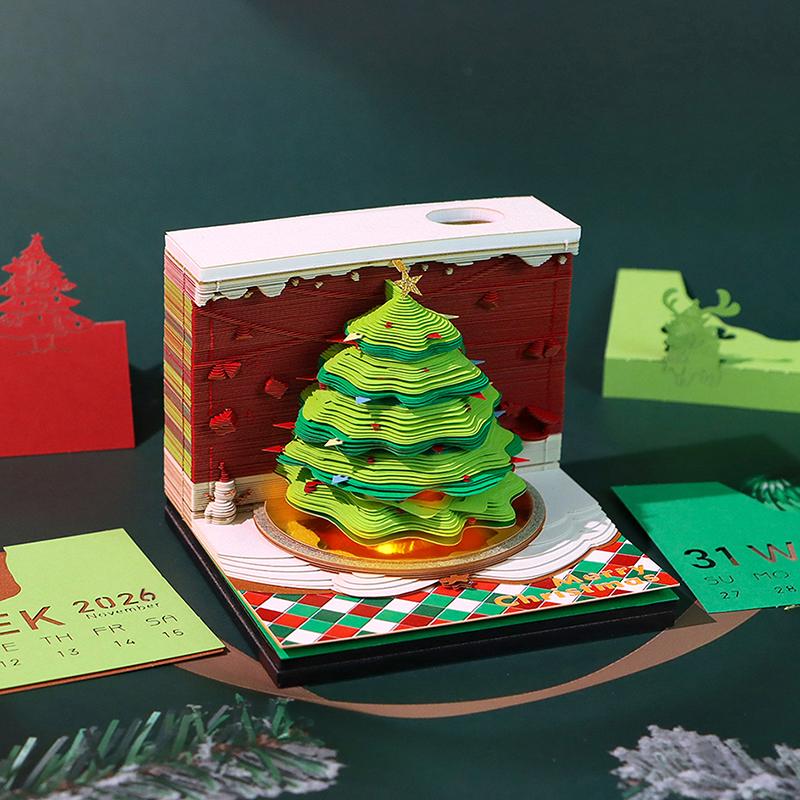 Календарь-часы 2026 Настольный календарь со светодиодной подсветкой 3D Отрывной календарь Бумажная резьба Искусство Блокнот для заметок Подарок Рождество