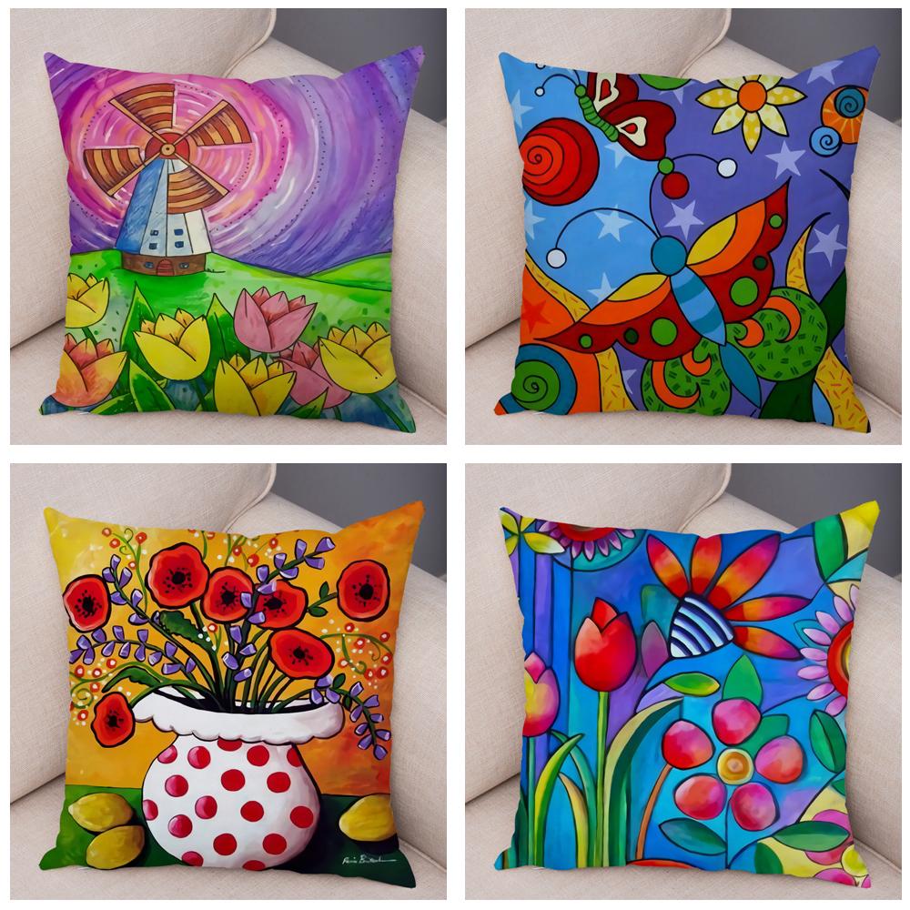 Детская живопись маслом Искусство Наволочка для подушки Обе стороны Плюшевая наволочка Декор Мультяшное растение Наволочка для дивана Дома Машины