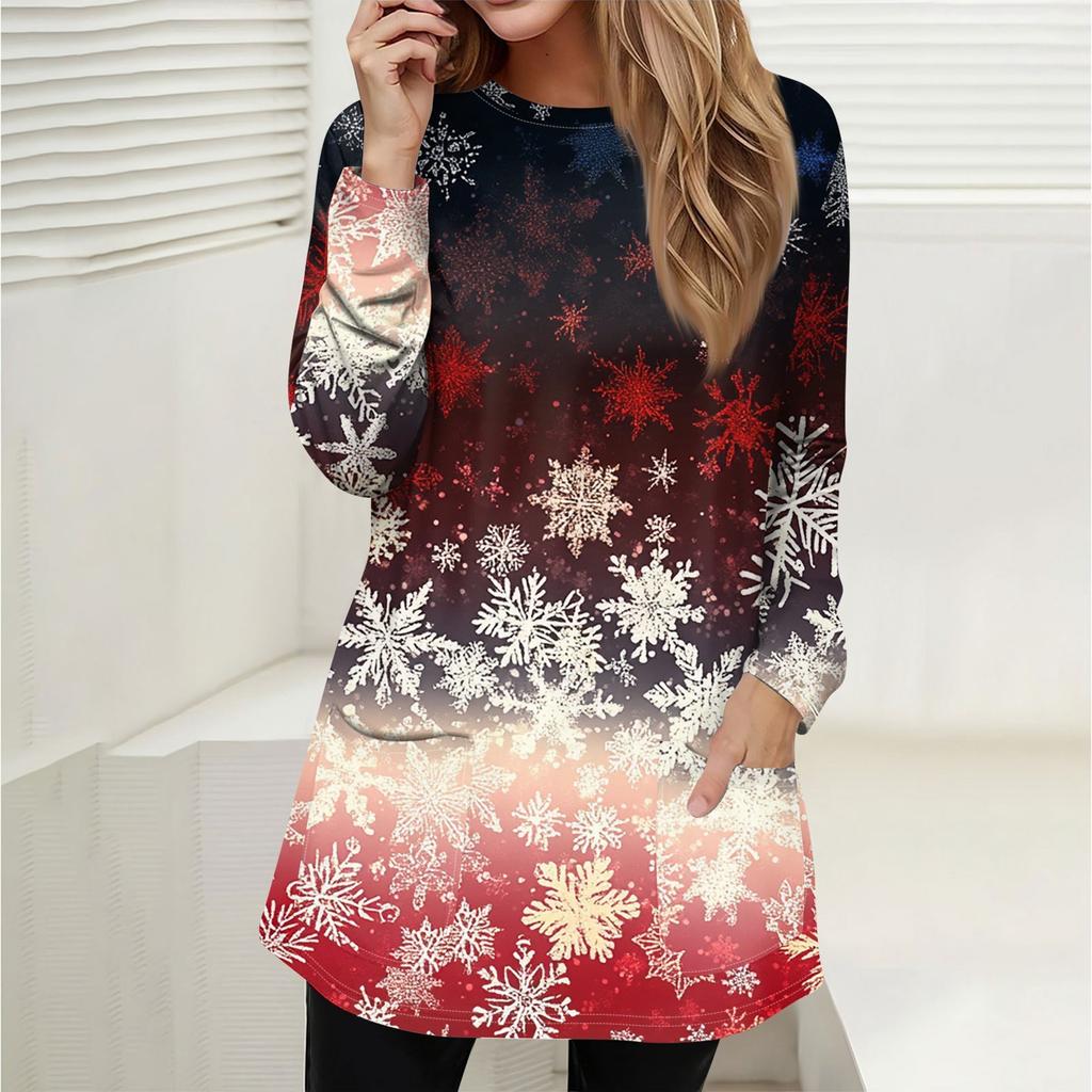 Женская толстовка, пуловер, спортивная одежда, карман, рождественский принт, повседневный топ с круглым вырезом и длинными рукавами