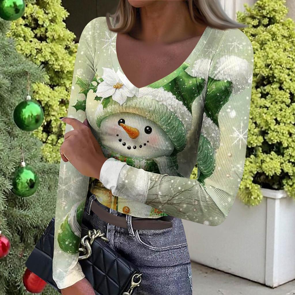 Женская зимняя облегающая футболка-базовый слой, модный рождественский принт, V-образный вырез, пуловер, топ с длинными рукавами