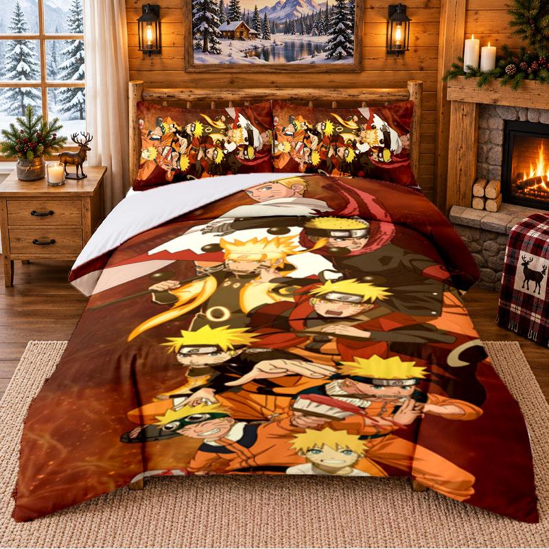 N-Narutos Pattern Bedding 3Pcs Set Bed Sheet And Pillowcases For Indoor Bedroom