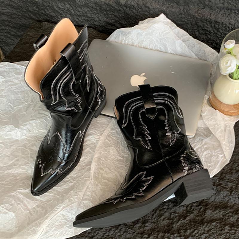 Мода осень зима 2024 ковбойские сапоги в стиле вестерн женские сапоги с вышивкой мотоциклетные сапоги из искусственной кожи до середины голени 35-40